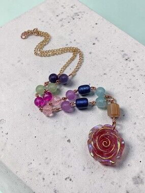 Handmade Rose Pendant Bead Necklace in Pink and Multicolor